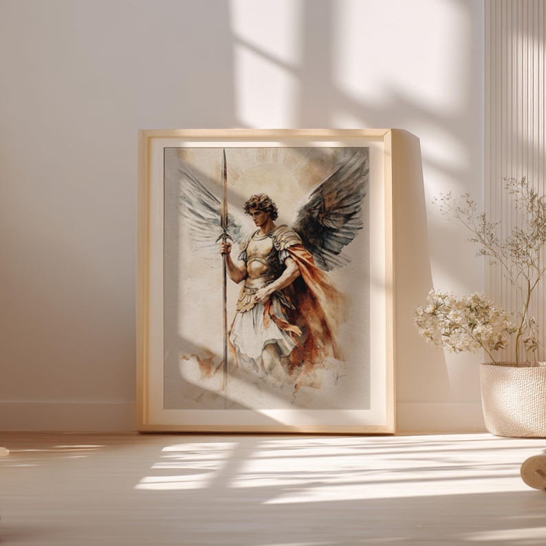 Heroic archangel in classical armor holds a long spear beneath a radiant halo, evoking a sacred mood; digital print for prayer room.