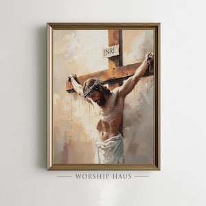 Christ’s image with INRI sign, promoting deep faith and reflection; printable art for a prayer room.