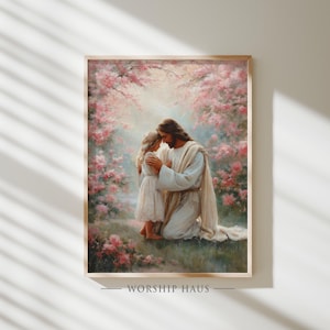 Jesús abraza a una niña bajo las flores. Impresión artística cristiana. Salvador con niño. Pintura. Versículo bíblico. Póster SUD. Descarga religiosa. 58