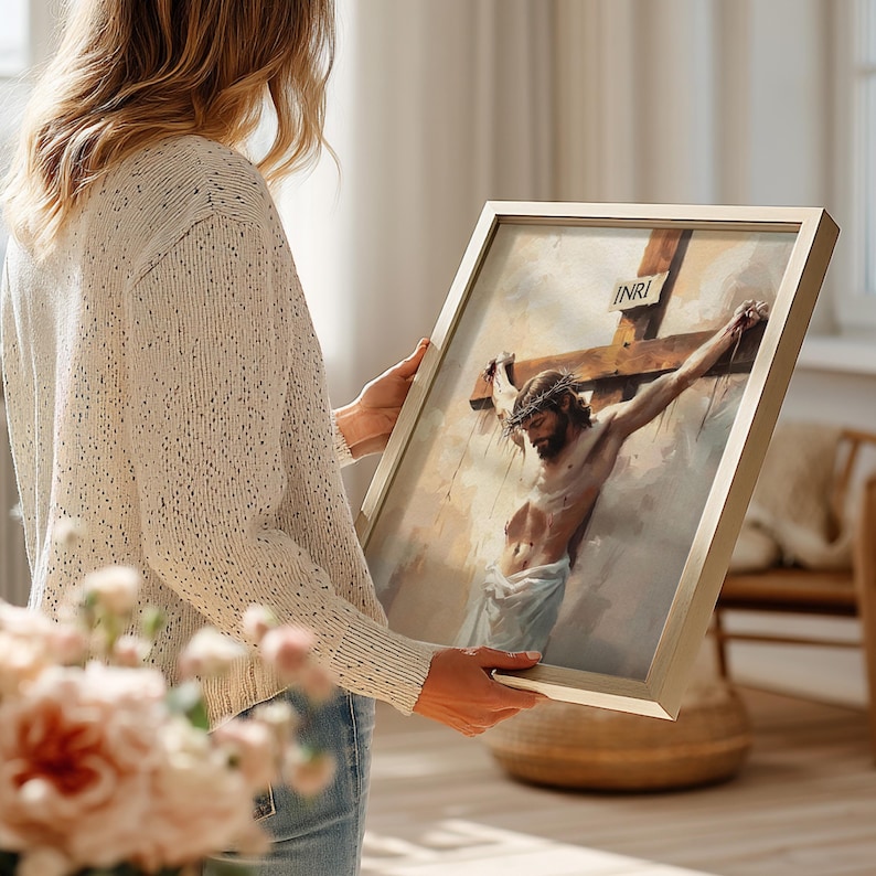 Jesus on the cross, merging traditional artistry with reverent emotion; poster for a prayer room.