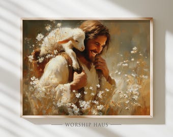 Jesus Holding Lamb Print – Jesus Smiling Christian Wall Art Printable, Inspirational Jesus Painting For Prayer Room Decor, INSTANT DOWNLOAD