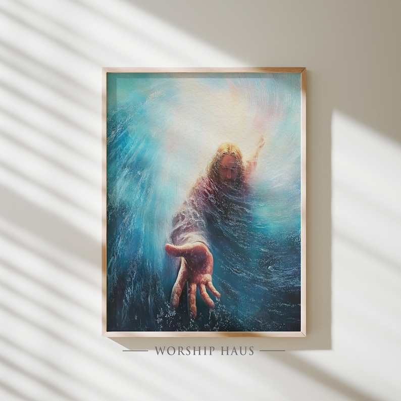 Spiritual Rescue Jesus Reaching Into Water Christian Wall Art Saving Hand Scene ...
