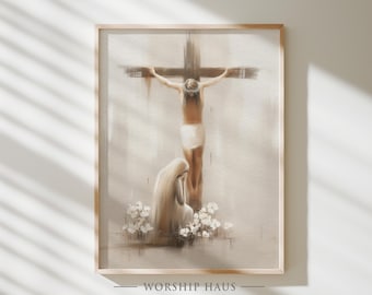 May include: A framed print depicting a religious scene. The artwork features a figure on a cross, with another figure kneeling below. The color palette is muted, with beige and brown tones. White flowers are at the base of the kneeling figure. The text "WORSHIP HAUS" is at the bottom.