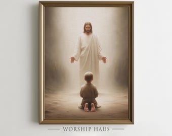 Jesus with Child Digital Christian Art - Inspirational Devotional Wall Art, Printable Bible Verse Scene, Serene Religious Painting