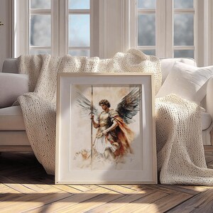 Archangel with detailed armor and sweeping wings, surrounded by ethereal mist, evoking a peaceful presence; wall art for nursery.