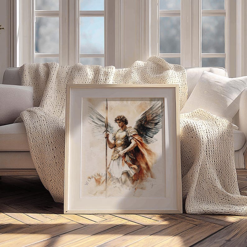 Archangel with detailed armor and sweeping wings, surrounded by ethereal mist, evoking a peaceful presence; wall art for nursery.