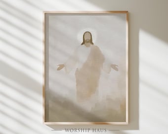May include: Watercolor print of a figure with outstretched arms, framed in a light wood. The figure is depicted in white and tan tones, with a halo. The text "WORSHIP HAUS" is at the bottom of the frame.