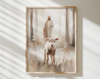 Pintura cristã de um cordeiro pacífico, arte religiosa para parede para imprimir, aquarela de pastor, decoração neutra de fazenda, download digital
