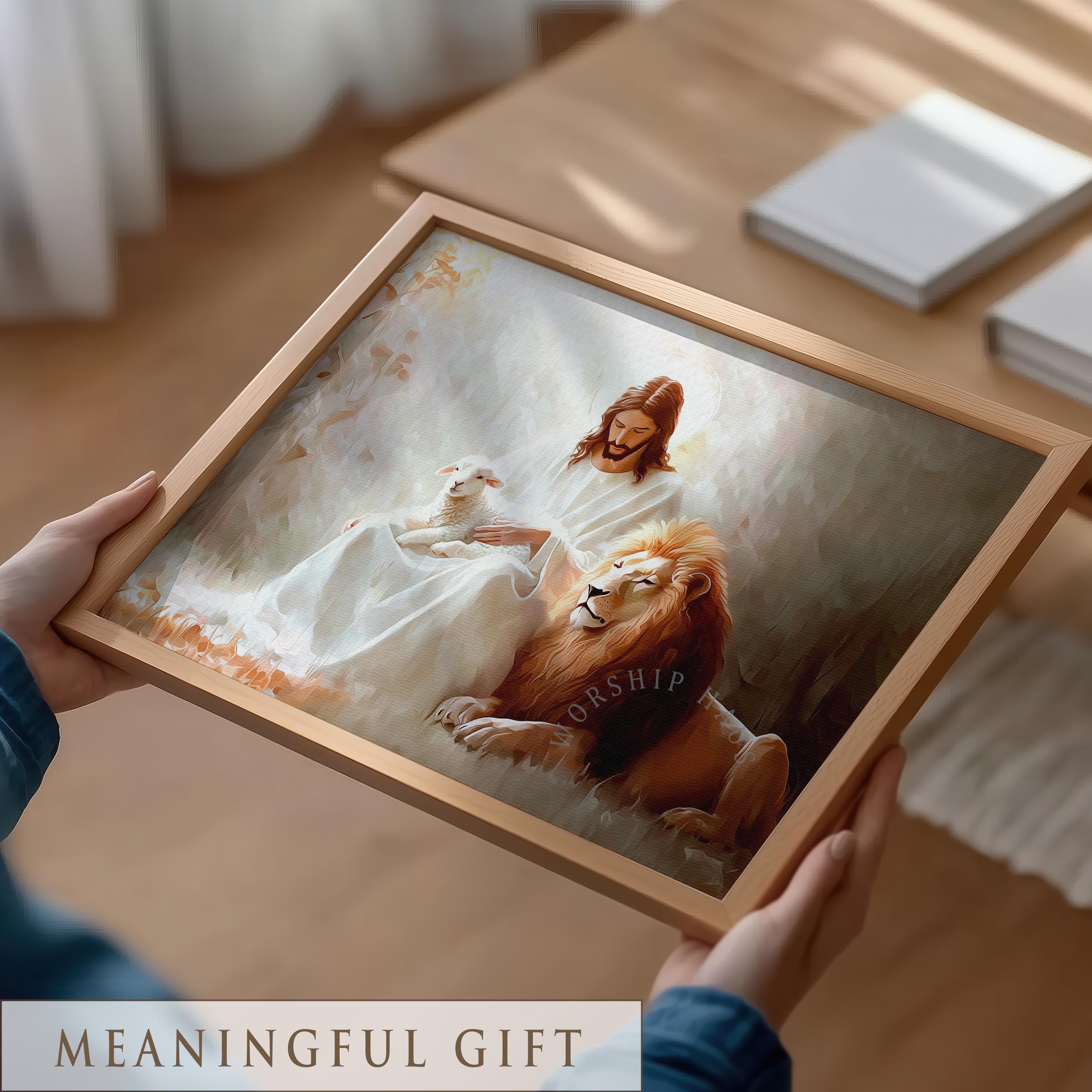 Poster Cristiano Leone E Agnello 30x40 Cm – Tela Decorativa ‘Nella Sua Presenza C’è Pace’