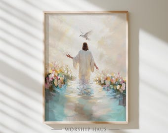 Spirit Descends Like a Dove Printable Christian Art Baptism Scene Jesus and Dove Picture Faith Poster Bible Verse Religious Decor 238