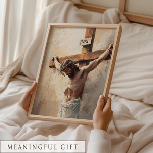 Detail of the crucifixion scene, warm and muted colors enhancing spirituality; wall decor for a prayer room.