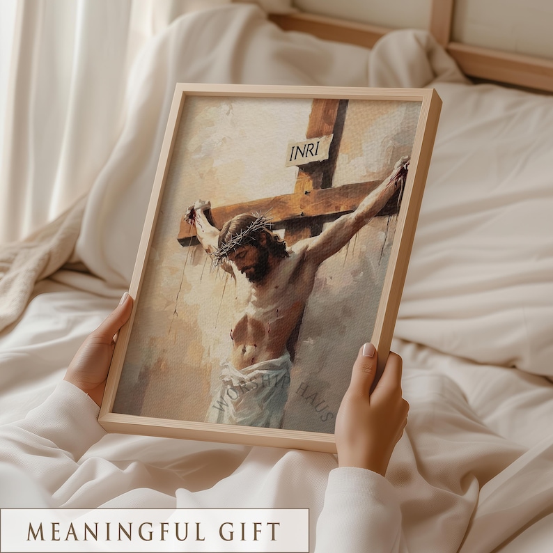 Detail of the crucifixion scene, warm and muted colors enhancing spirituality; wall decor for a prayer room.