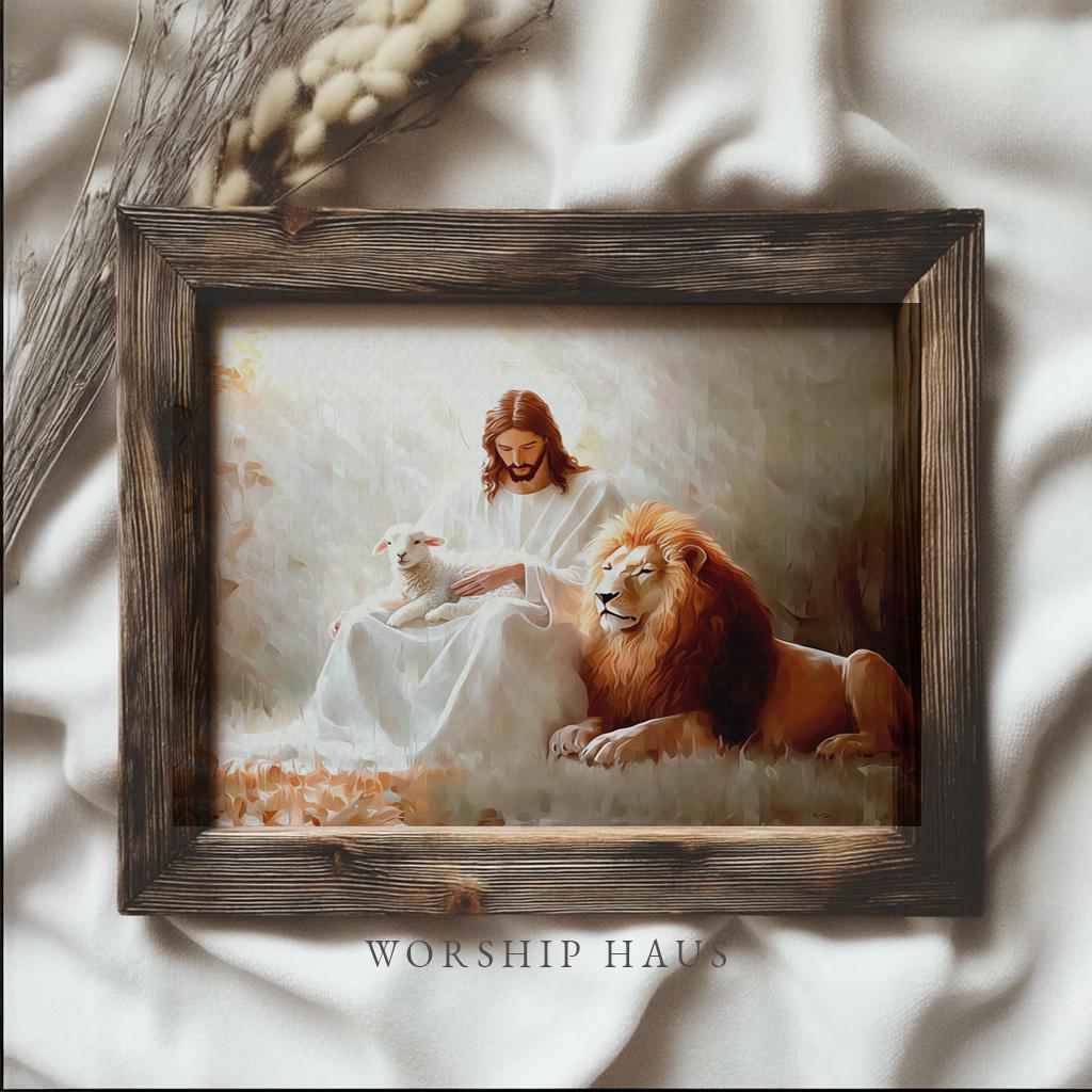 L'Agnello e il Leone Stampa su tela con cornice cristiana Decorazione murale cristiana Decorazione religiosa per la casa Leone di Giuda Stampa su tela con cornice - Italia