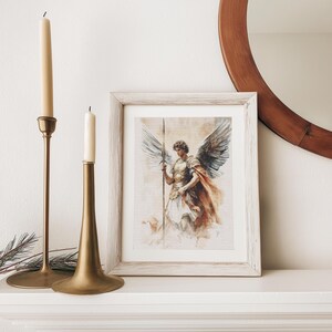 Heroic angel warrior with a golden halo and textured cloak, capturing a timeless spiritual essence; scripture picture poster for kids room.