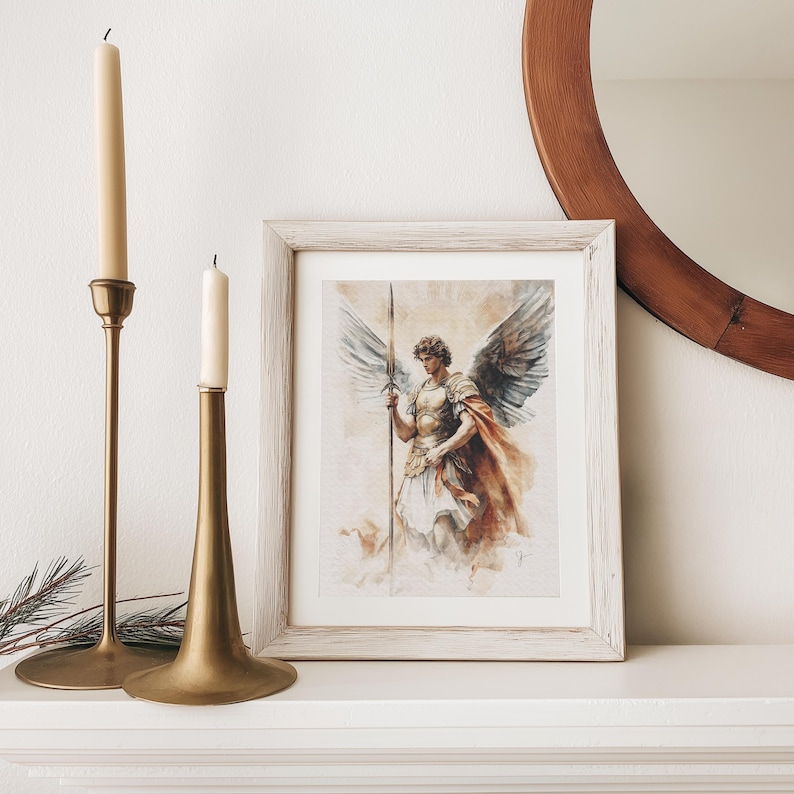 Heroic angel warrior with a golden halo and textured cloak, capturing a timeless spiritual essence; scripture picture poster for kids room.