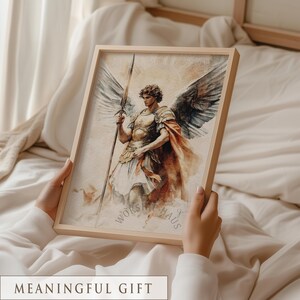 Noble archangel standing boldly with golden halo, cloaked in rust and surrounded by mist; printable wall art for prayer room.