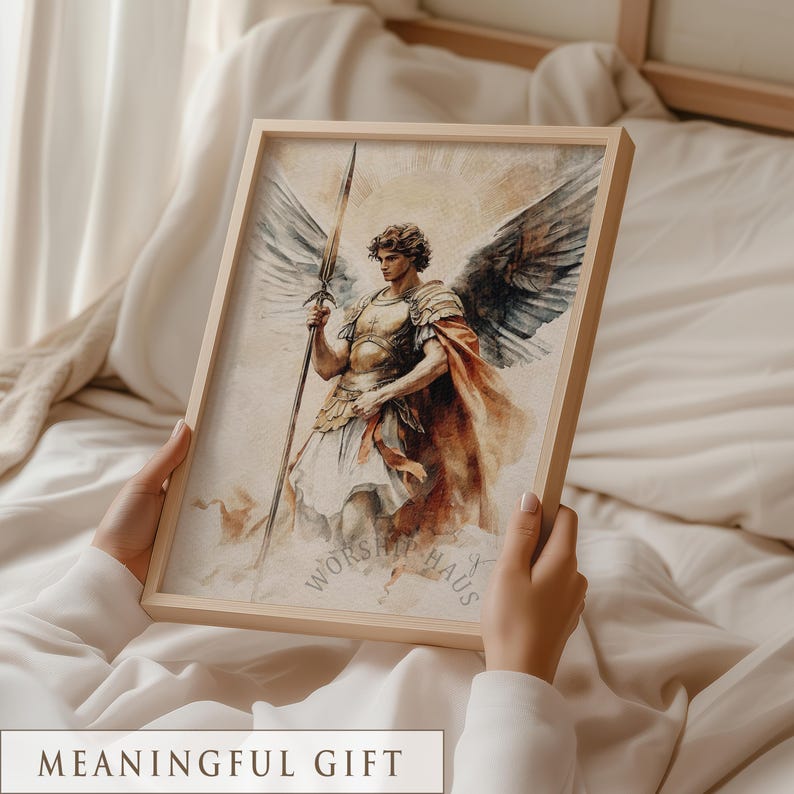 Noble archangel standing boldly with golden halo, cloaked in rust and surrounded by mist; printable wall art for prayer room.