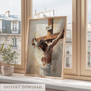 Jesus on the cross, draped with a simple loincloth, exuding spiritual grace; wall art for a prayer room.