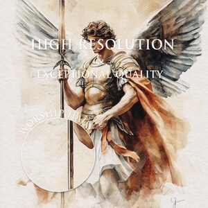Majestic angel in flowing garments, spear raised amid atmospheric clouds, invoking serene faith; printable artwork for living room.