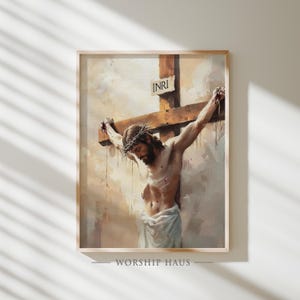 The crucifixion of Jesus radiating a moody atmosphere, inspiring reflection; biblical wall decor for a prayer room.