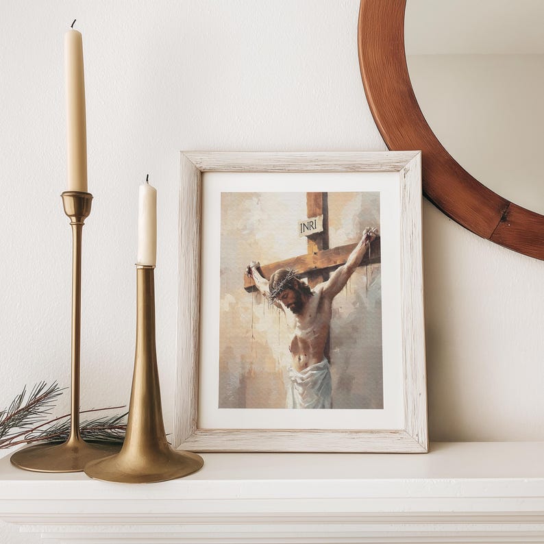 Somber portrayal of the crucifixion bathed in soft light, fostering contemplation; print for a prayer room.