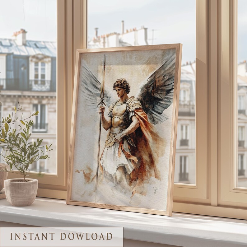 Archangelic warrior with an expansive cloak and radiant aura, evoking faith and strength; wall art for prayer room.