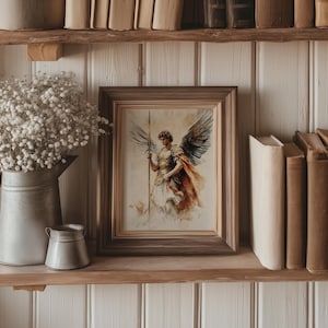 Heroic angel figure with sweeping wings and dramatic halo, symbolizing strength and grace; artwork for kids room.