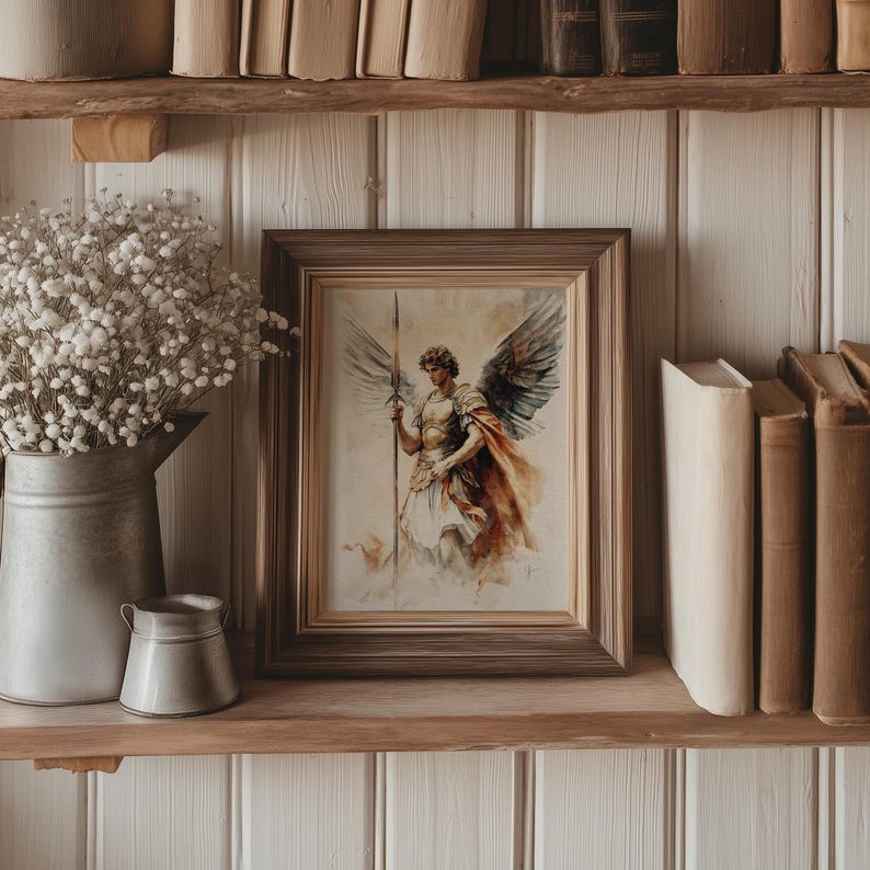 Heroic angel figure with sweeping wings and dramatic halo, symbolizing strength and grace; artwork for kids room.