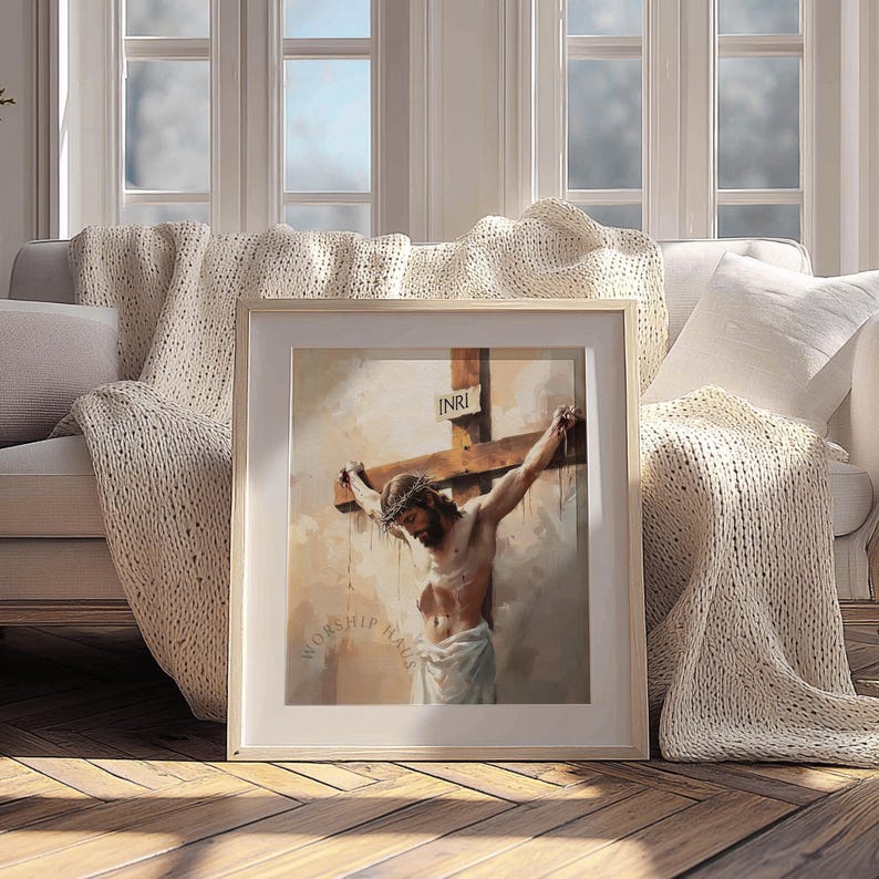 Somber image of Jesus nailed to the cross, with subtle blood drips; portrait for a prayer room.