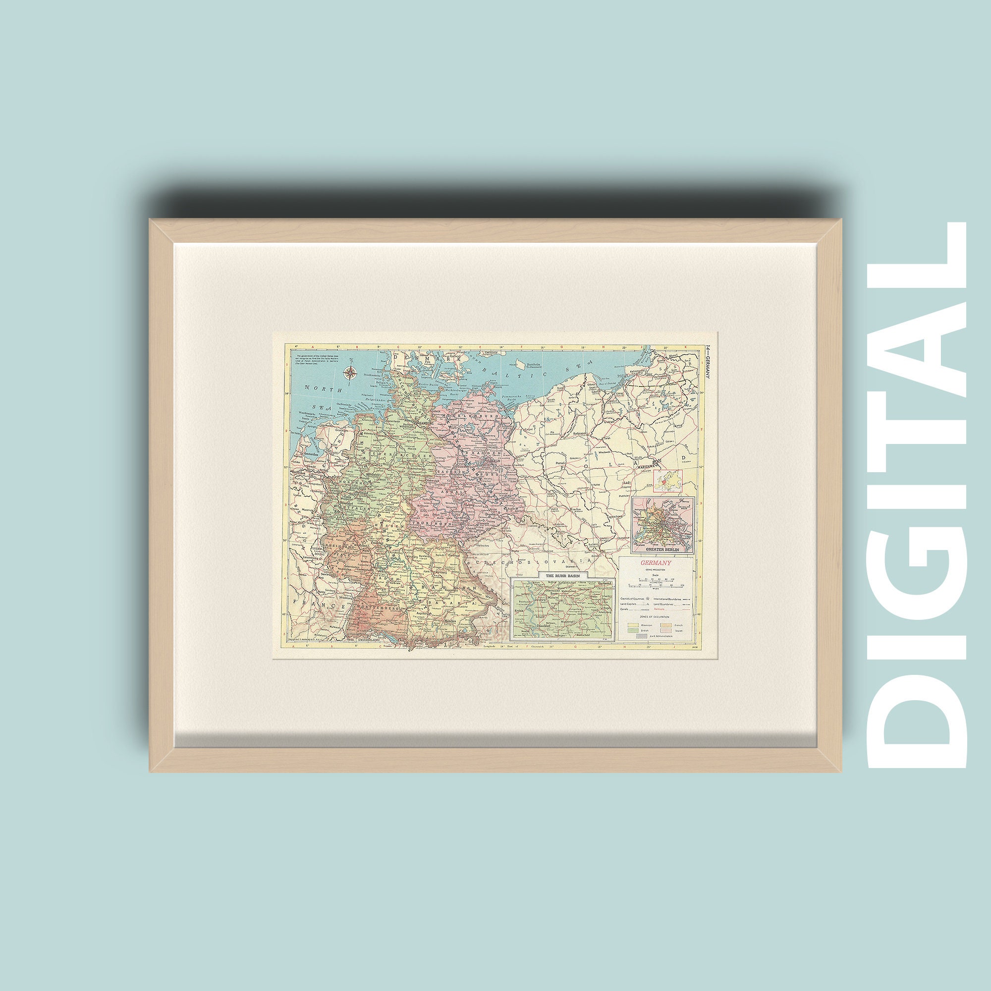 Antique Wall Art Vintage 1959 Germany Map Instant Download Home Library