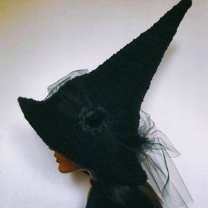 Crochet Witch Hat: Black Rose Tulle Halloween Costume