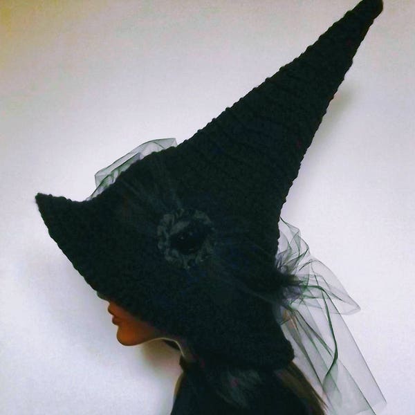 Traditional Witch Hat Pretty Perfect Pointy Halloween Yule Fashion Black Rose Tulle Chiffon