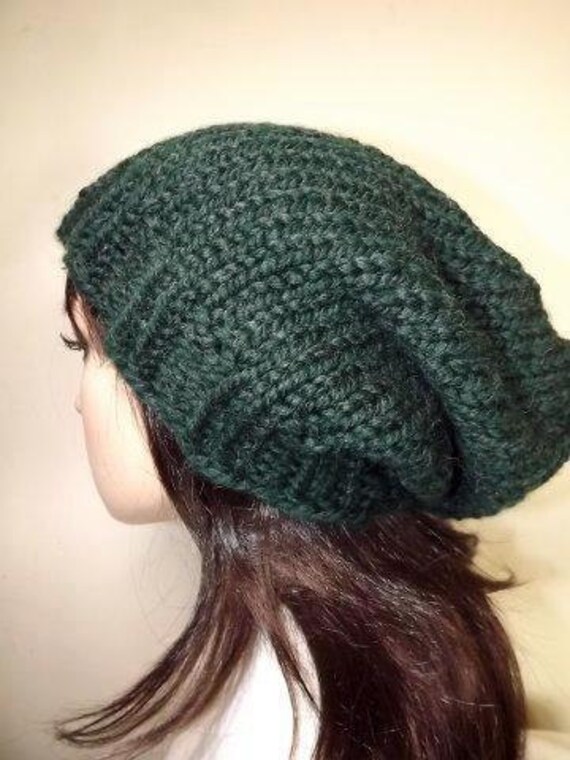 Unisex Slouch Beanie Dark Forest Green Knit Hat Womens Mens Etsy