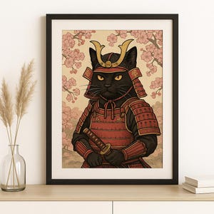 Black Samurai Cat Ukiyo-e Wall Art – Traditional Japanese Woodblock Print Style