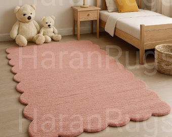 Hand-Tufted Pink Scalloped Rug: Soft Nursery Playroom Carpet
