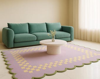Alfombra a cuadros festoneada tejida a mano, alfombra rosa pastel, decoración moderna para habitación infantil.