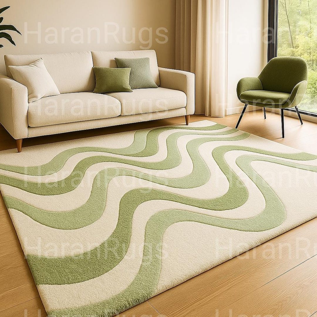 Hand Tufted Modern Green and Cream Wave Pattern Rug – Contemporary ...