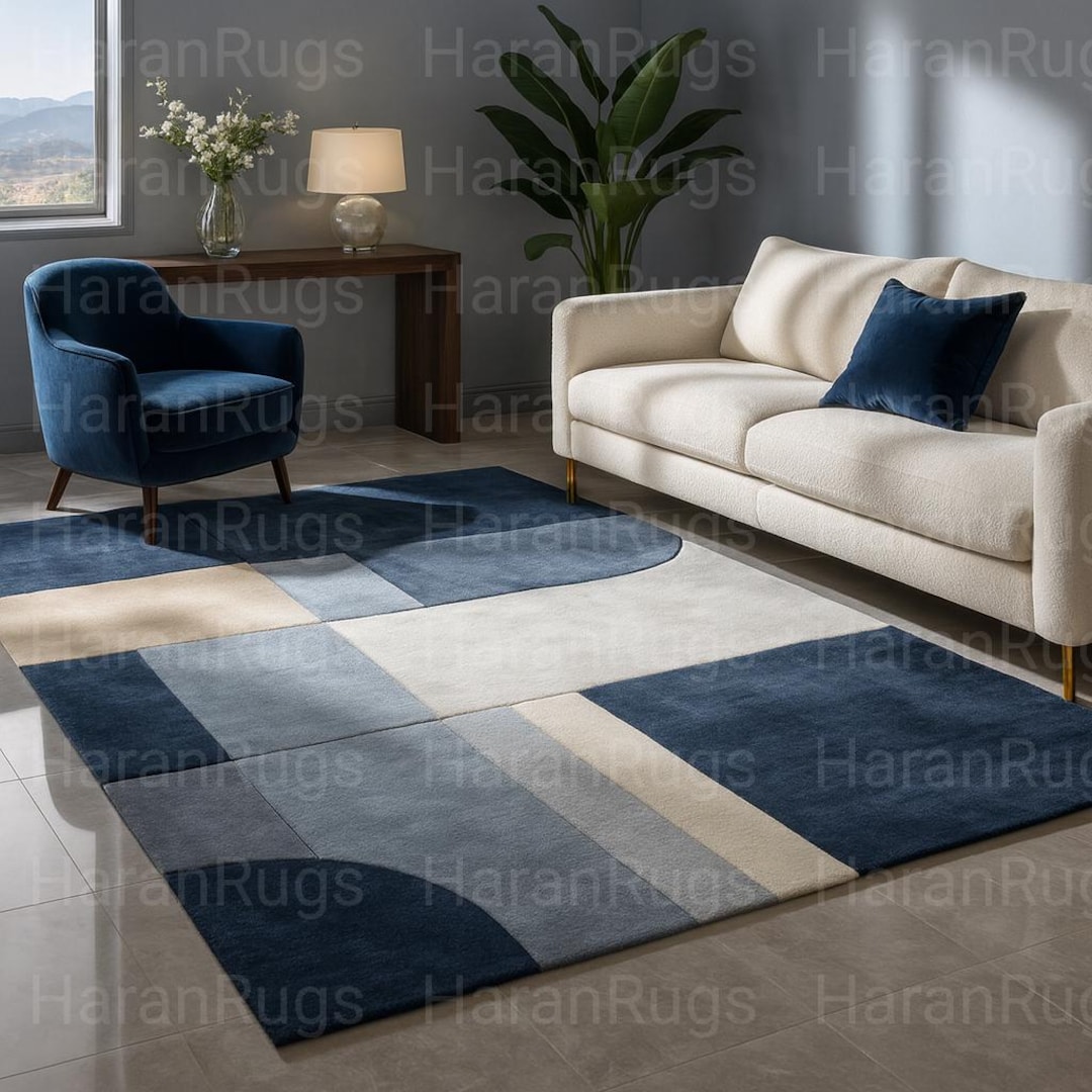 Modern Navy Rug Modern Geometric Area Rug – Navy Blue & Cream Contemporary Living Room ...