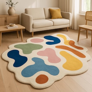 Modern Irregular Shape Rug - Cream & Multicolor Abstract Tufted Carpet for Living Room