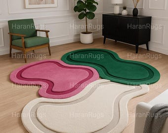 Hand Tufted Abstract Rug: Green & Pink Wavy Modern Carpet