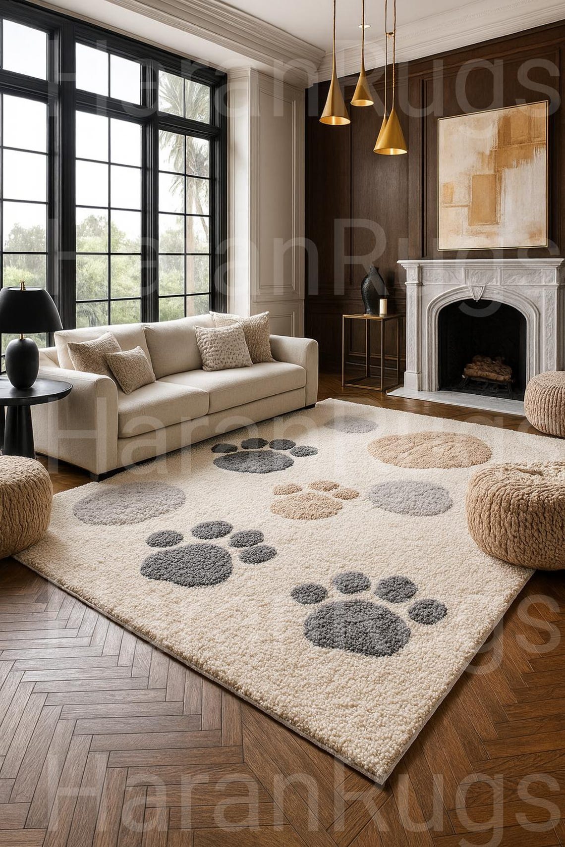 Beige Paw Print Rug: Plush Modern Pet Area Carpet - Etsy