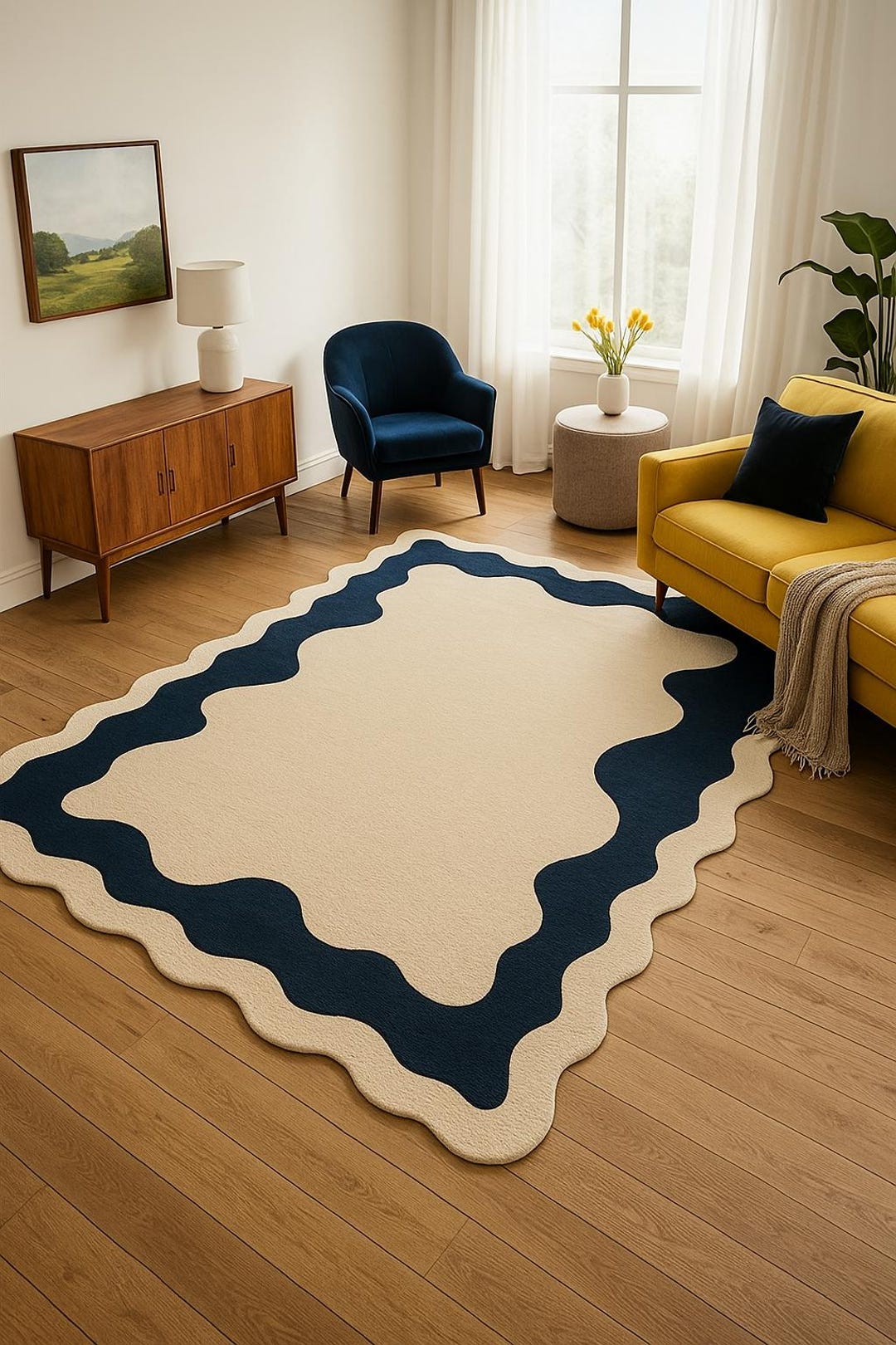 Hand Tufted Wavy Area Rug: Blue & Beige Abstract Geometric Carpet - Etsy