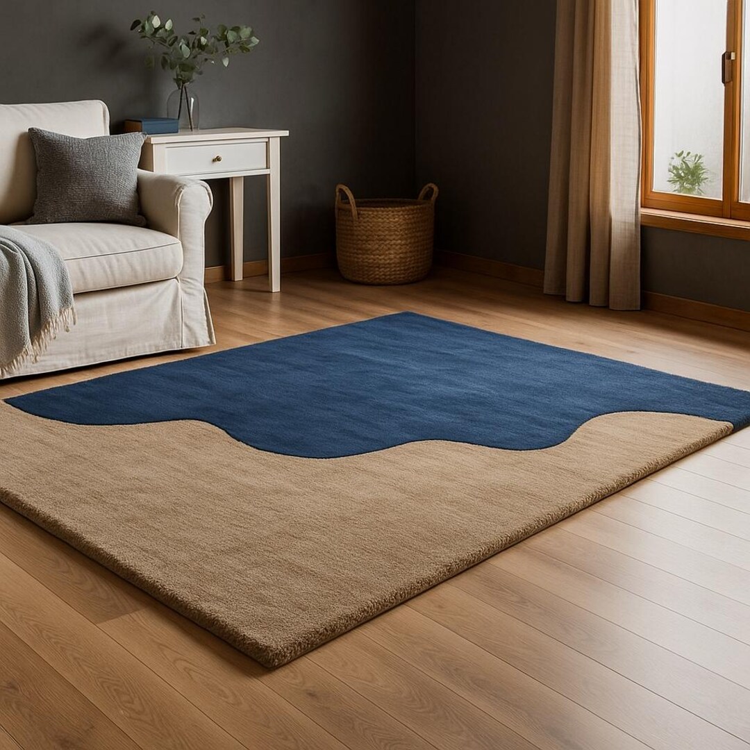 Wool Wave Rug Hand Tufted Wool Wave Rug: Ocean Blue & Beige Modern Carpet - Etsy