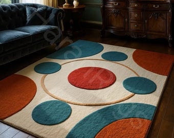 Handmade Wool Rug, Abstract Geometric Circles, Modern Minimalist Living Room Decor