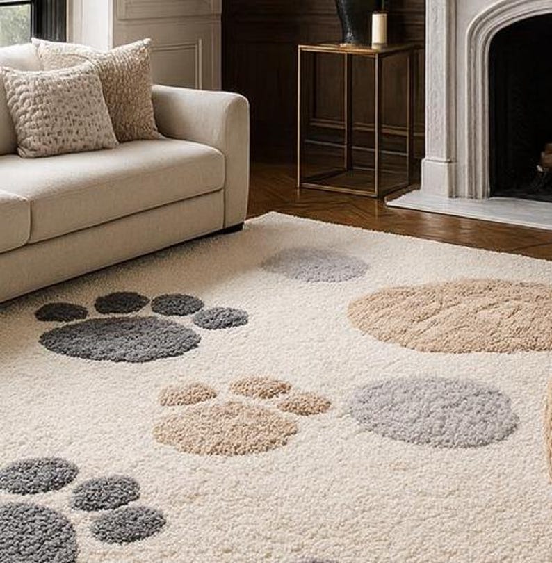Beige Paw Print Rug: Plush Modern Pet Area Carpet - Etsy