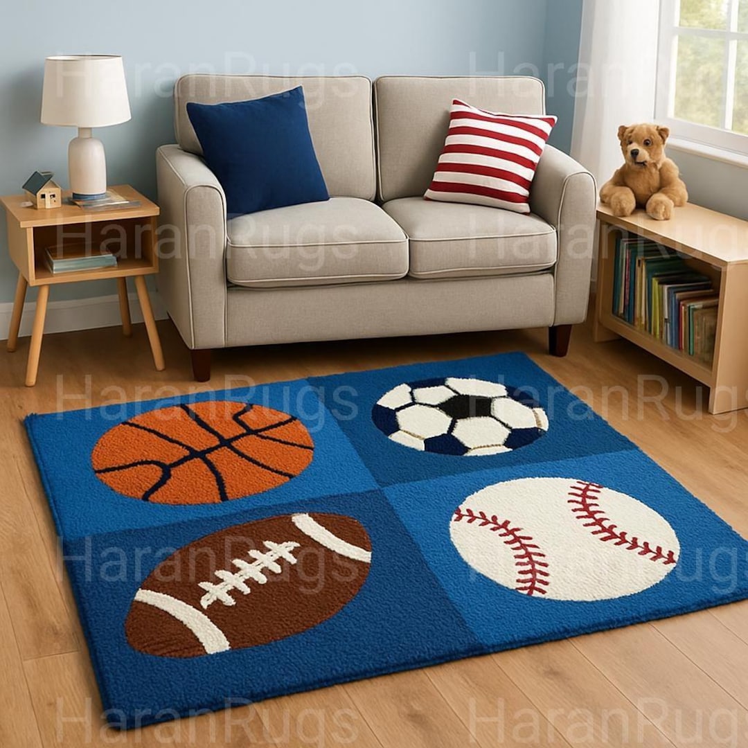 Boys Sports Rug – Hand Tufted Playroom Carpet With Football ...