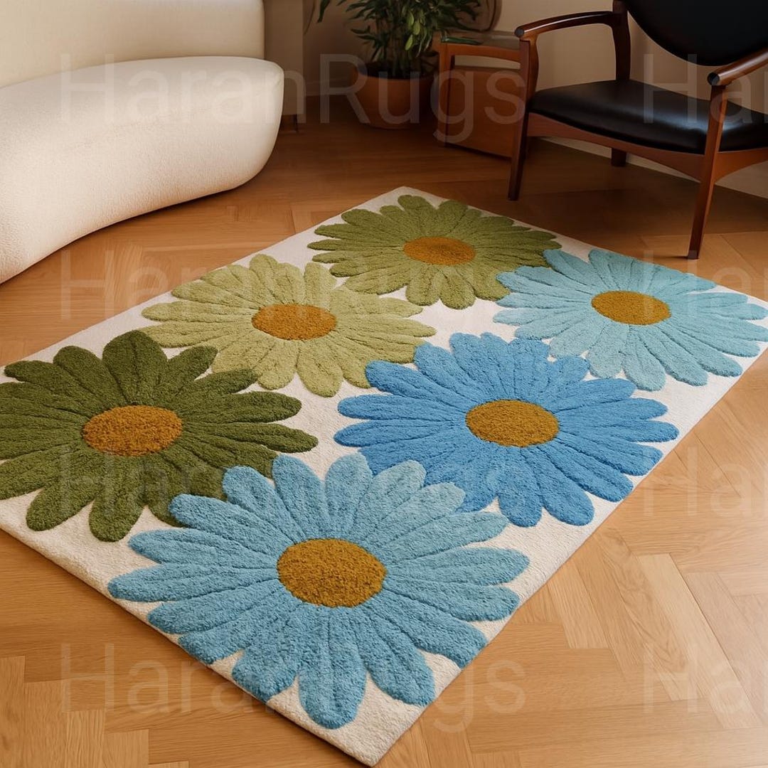 Hand Tufted Blue Green Daisy Floral Rug – Modern Handmade Tufted Carpet ...