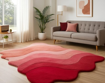 Hand Tufted Abstract Wavy Rug: Red & Pink Gradient, Modern Decor