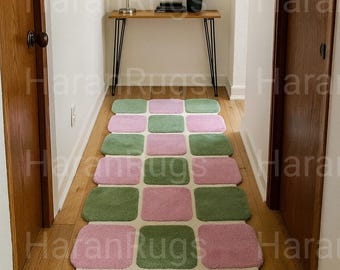 Hand Tufted Runner Rug: Pink Green Checkerboard Wool Hallway Carpet