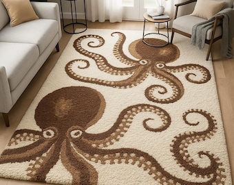 Hand Tufted Octopus Rug: Coastal Nautical Home Decor